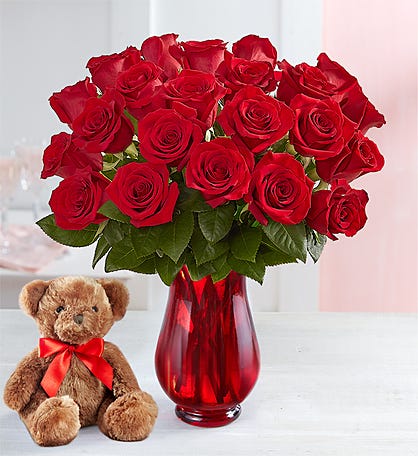 Red Roses with Bear, 12-24 Stems